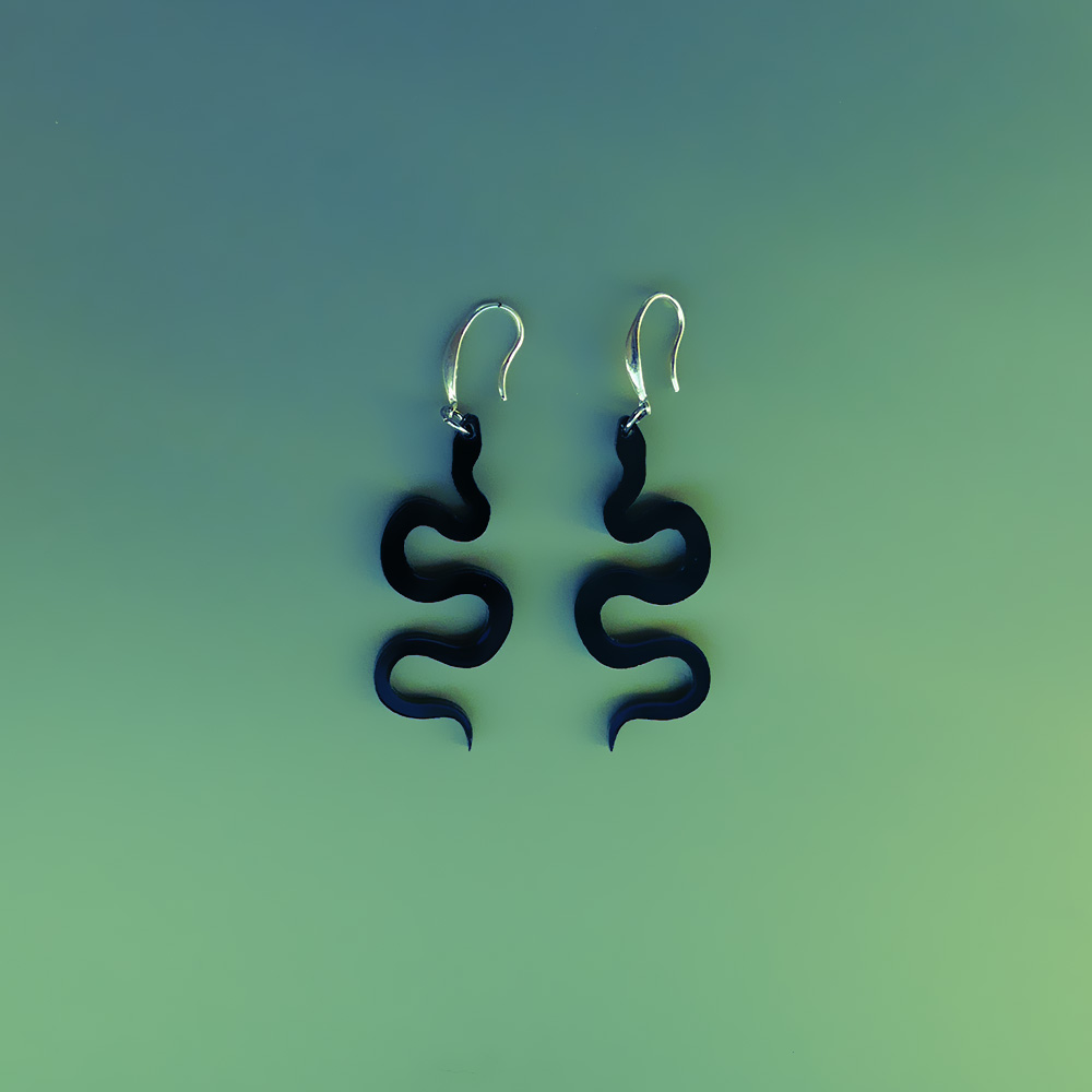 Black Green Colored Animal Snake Curve Crawl Shape Drop Dangle Post Earrings